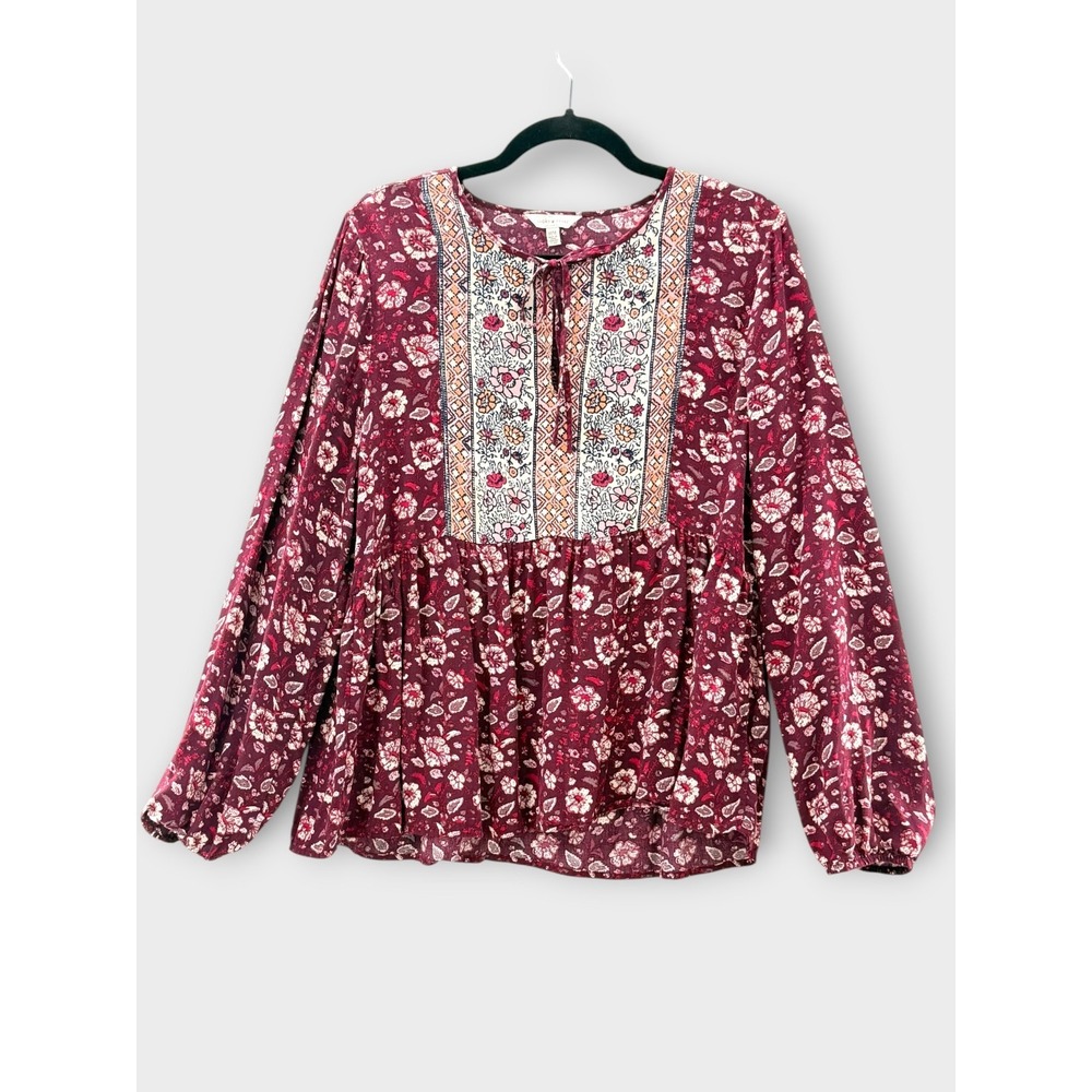 Lucky Brand Boho Floral Babydoll Top Medium Burgundy Peasant Prairie Hippie Chic